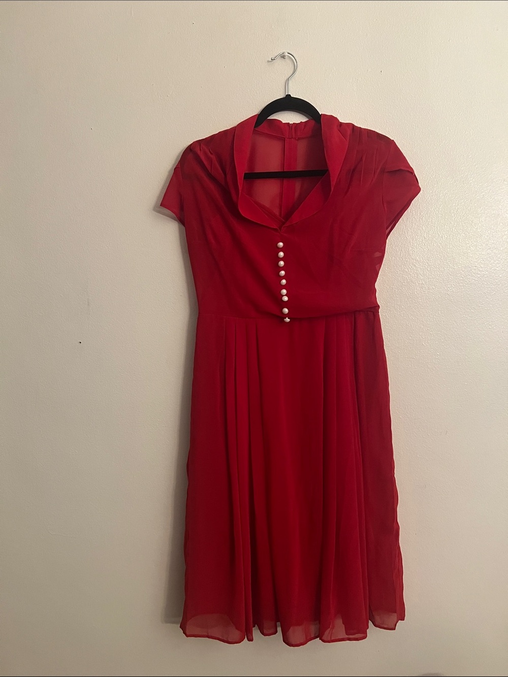 Hell Bunny Red Midi Dress with Pearl Front Buttons